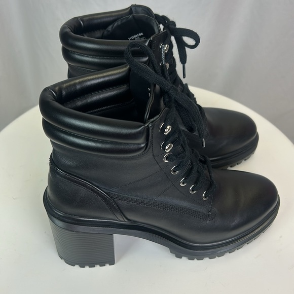Zara Black Leather Combat Boots Stacked Heel Lug Sole - Picture 6 of 12
